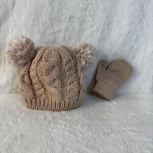 Laura Ashley Baby Cable Knit Hat & Mittens Set With Pom-Poms Beige 12-24 Months